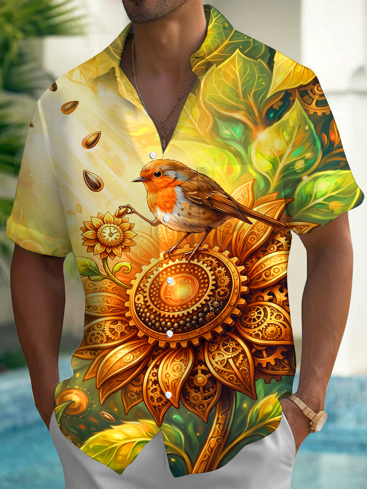 Adaychic Men's Graphic Steampunk Sunflower And Robin Print Short Sleeve Shirt with Chest Pocket