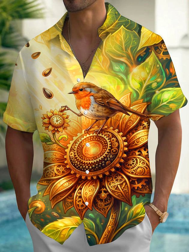 Adaychic Men's Graphic Steampunk Sunflower And Robin Print Short Sleeve Shirt with Chest Pocket