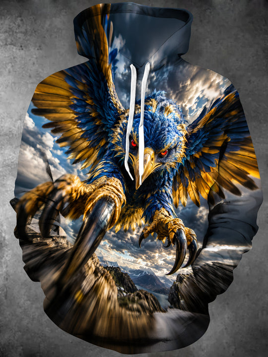 Adaychic Men's Eagle With Blue And Gold Feathers Print Long Sleeve Hoodie