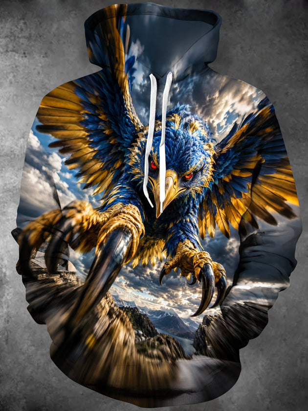 Adaychic Men's Eagle With Blue And Gold Feathers Print Long Sleeve Hoodie