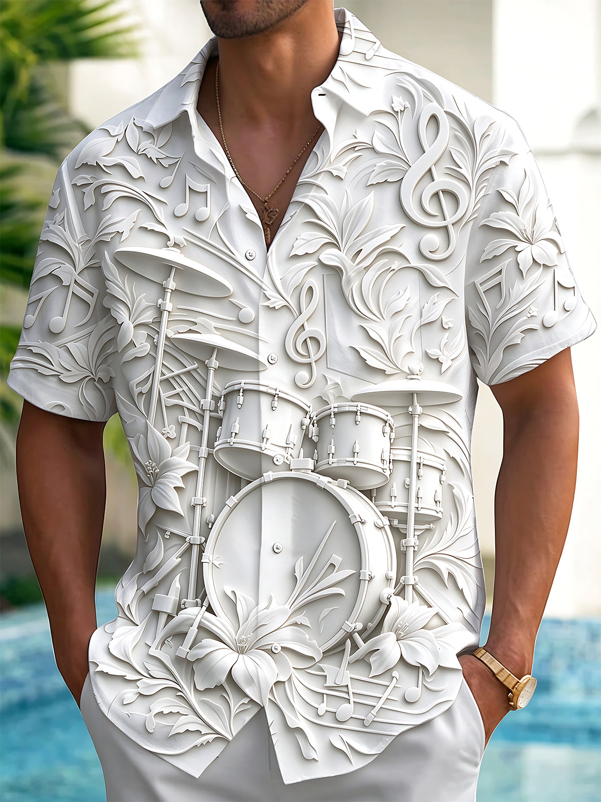 Adaychic Men's Short Sleeve Shirt - Embossed Drum Kit And Floral Music Notes Print with Chest Pocket