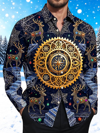 Adaychic Men's Long Sleeve Shirt - Geometric Reindeer And Christmas Ornaments Print with Chest Pocket