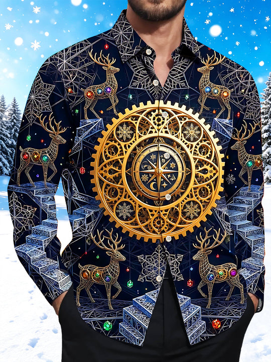 Adaychic Men's Long Sleeve Shirt - Geometric Reindeer And Christmas Ornaments Print with Chest Pocket