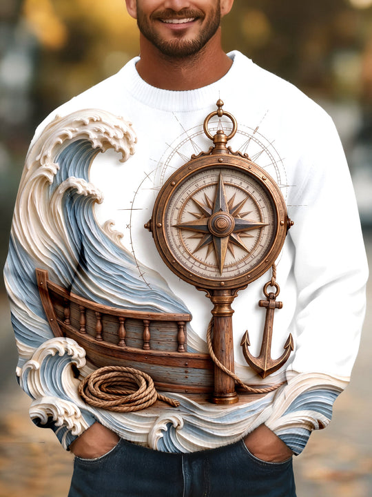 Adaychic Men's Long Sleeve Crew Neck Sweater - Vintage Compass And Anchor With Ocean Waves Print