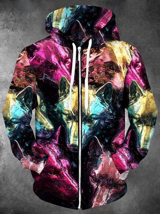 Adaychic Men's Graphic Colorful Wolf Heads Print Long Sleeve Zip-Up Hoodie