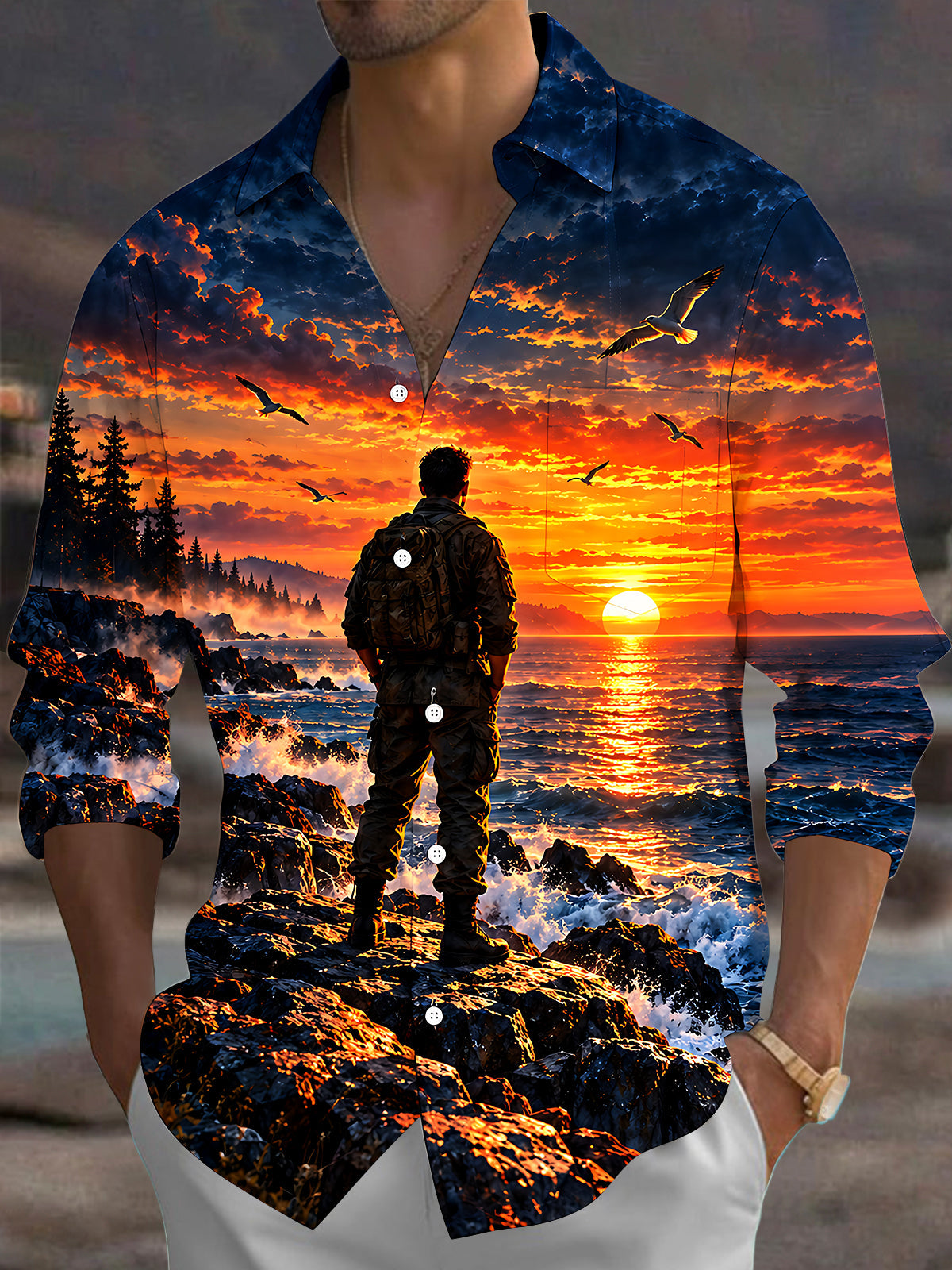 Adaychic Men's Long Sleeve Shirt - Veterans Day Soldier Silhouette And Sunset Ocean Landscape Print with Chest Pocket