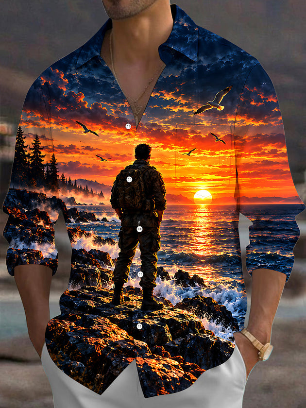 Adaychic Men's Long Sleeve Shirt - Veterans Day Soldier Silhouette And Sunset Ocean Landscape Print with Chest Pocket