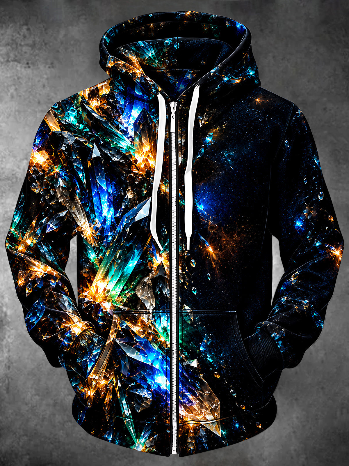 Adaychic Men's Long Sleeve Zip-Up Hoodie - Crystalline Geometric Crystal Formation Print