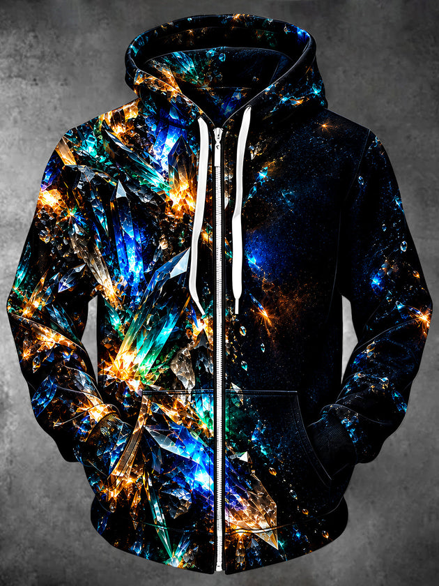 Adaychic Men's Long Sleeve Zip-Up Hoodie - Crystalline Geometric Crystal Formation Print