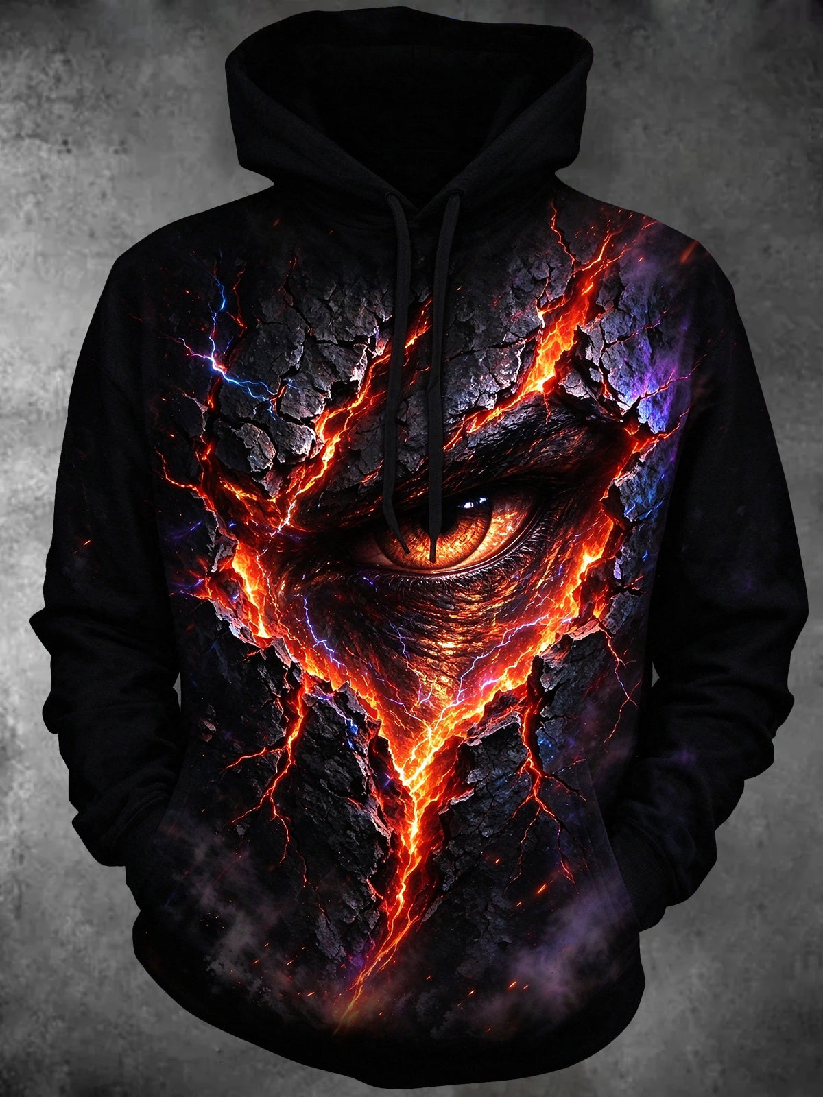 Adaychic Men's Long Sleeve Pullover Hoodie - Cracked Rock With Lava And Evil Eye Print with Kangaroo Pocket