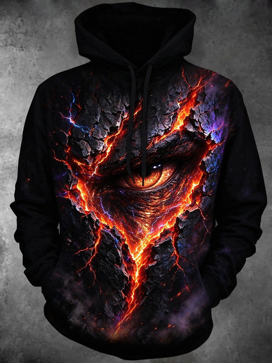 Adaychic Men's Long Sleeve Pullover Hoodie - Cracked Rock With Lava And Evil Eye Print with Kangaroo Pocket