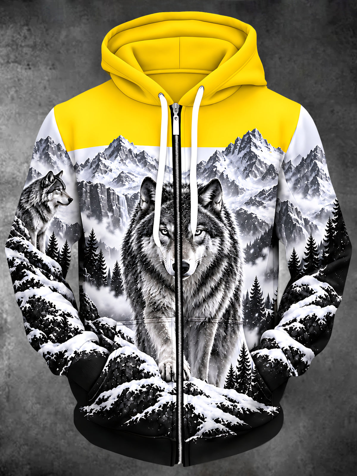 Adaychic Men's Long Sleeve Zip-Up Hoodie - Wolf And Snowy Mountain Landscape Print