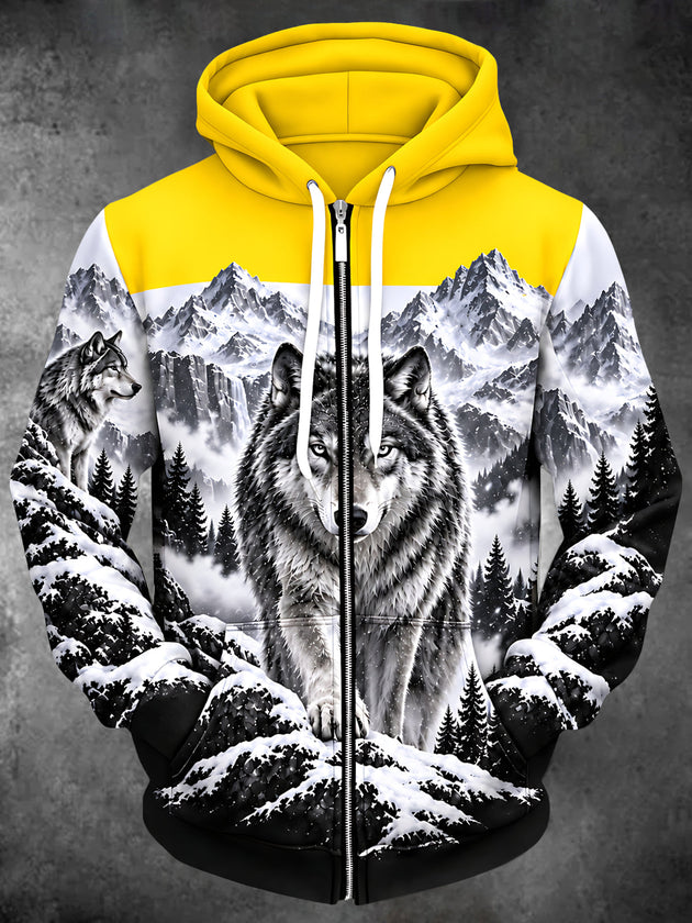 Adaychic Men's Long Sleeve Zip-Up Hoodie - Wolf And Snowy Mountain Landscape Print