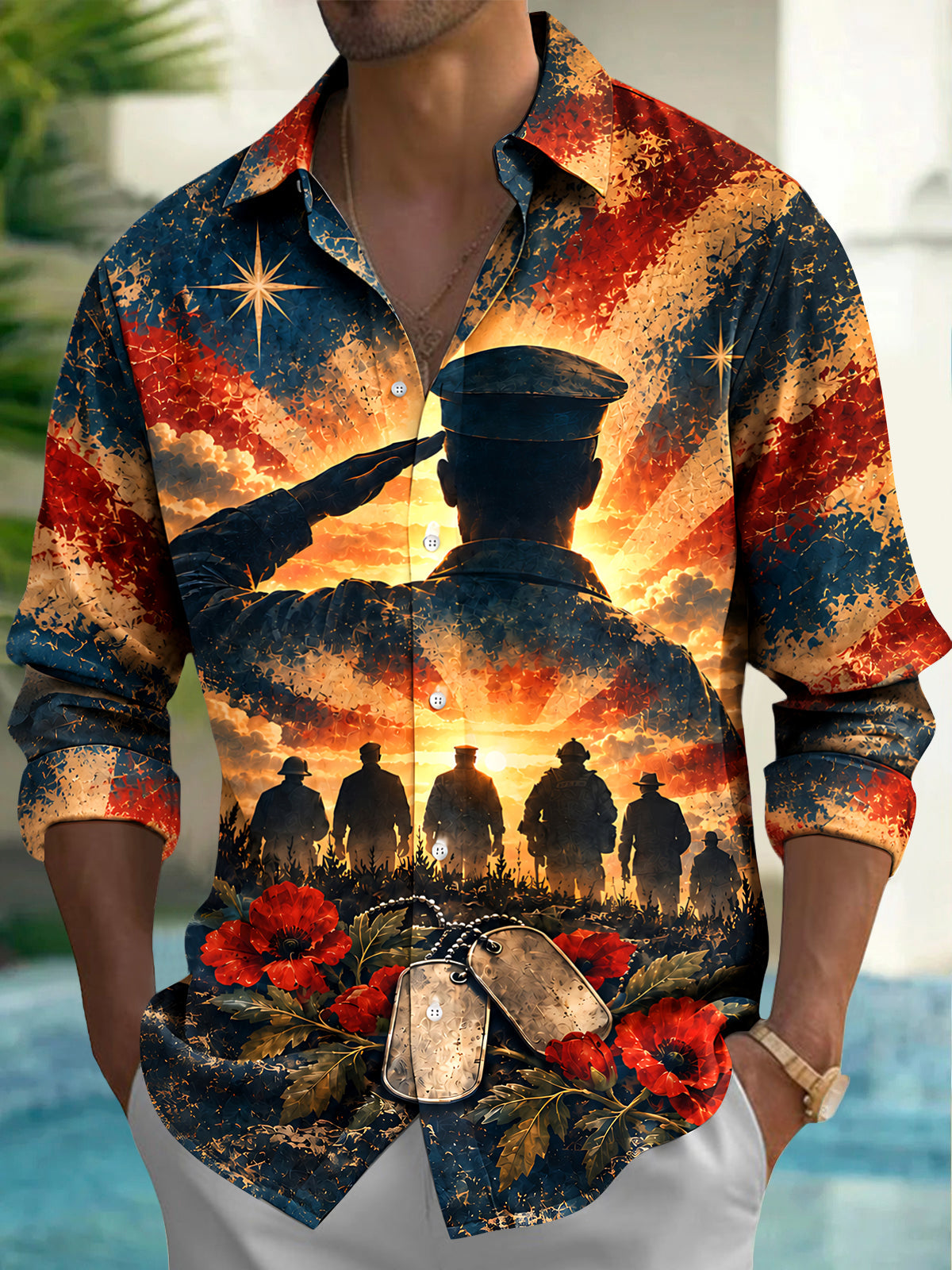 Adaychic Men's Long Sleeve Shirt - Veterans Day Soldier Silhouette Saluting With American Flag Background Print with Chest Pocket