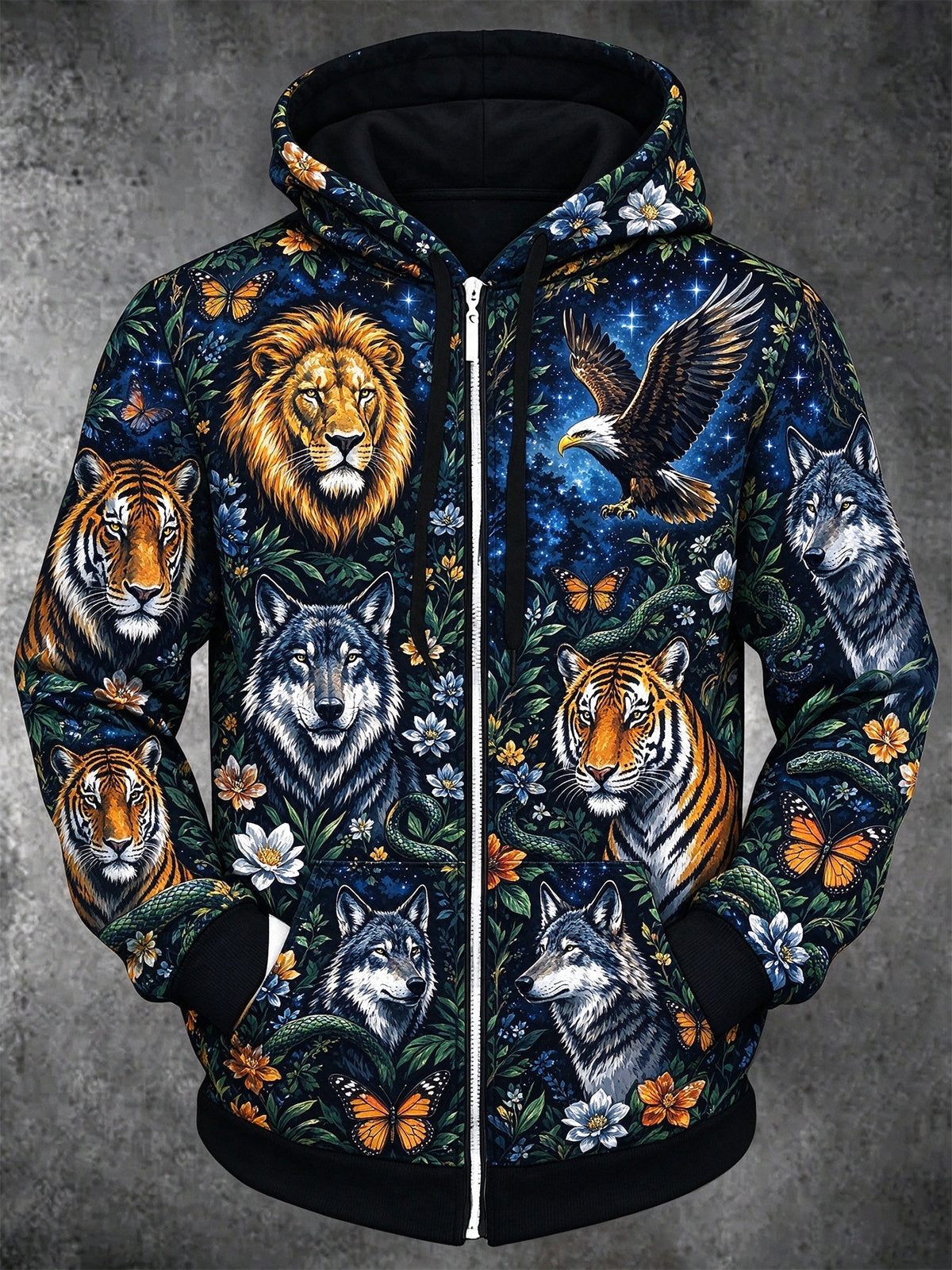 Adaychic Men's Long Sleeve Zip-Up Hoodie - Wild Animals Including Lions Tigers Wolves Eagles And Snakes Print with Kangaroo Pocket