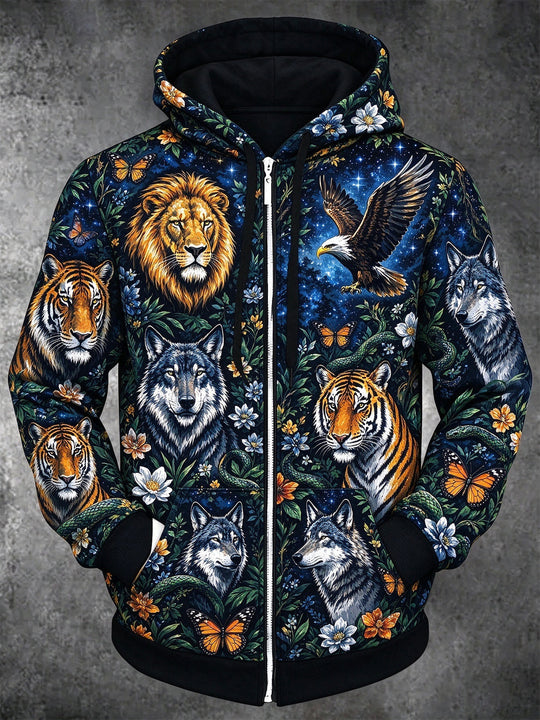 Adaychic Men's Long Sleeve Zip-Up Hoodie - Wild Animals Including Lions Tigers Wolves Eagles And Snakes Print with Kangaroo Pocket