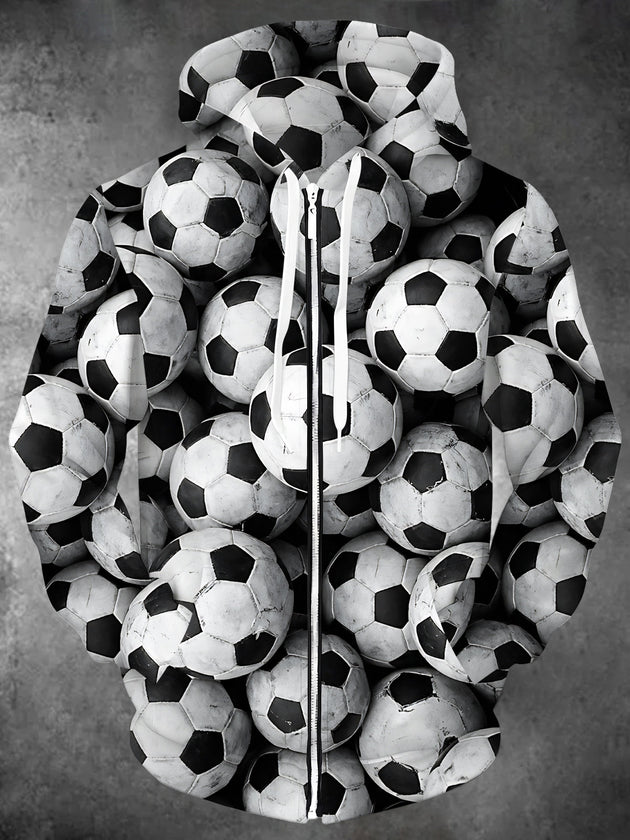 Adaychic Men's Soccer Balls Print Long Sleeve Zip-Up Hoodie with Kangaroo Pocket