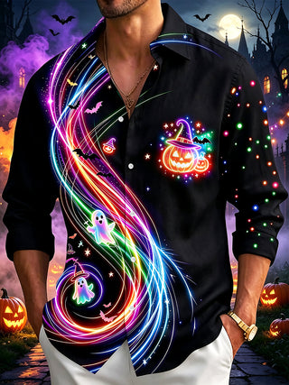 Adaychic Men's Neon Halloween Pumpkins Ghosts And Bats Print Long Sleeve Shirt with Chest Pocket