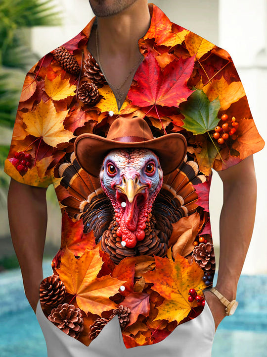 Adaychic Men's Short Sleeve Shirt - Thanksgiving Turkey With Cowboy Hat And Autumn Leaves Print with Chest Pocket