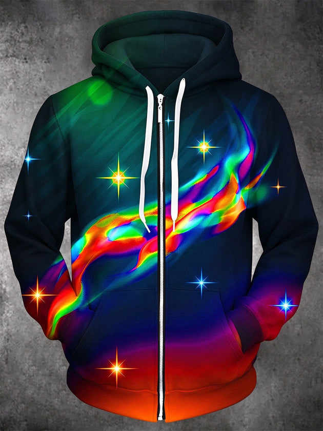 Adaychic Men's Long Sleeve Zip-Up Hoodie - Abstract Rainbow Streamer And Stars Print