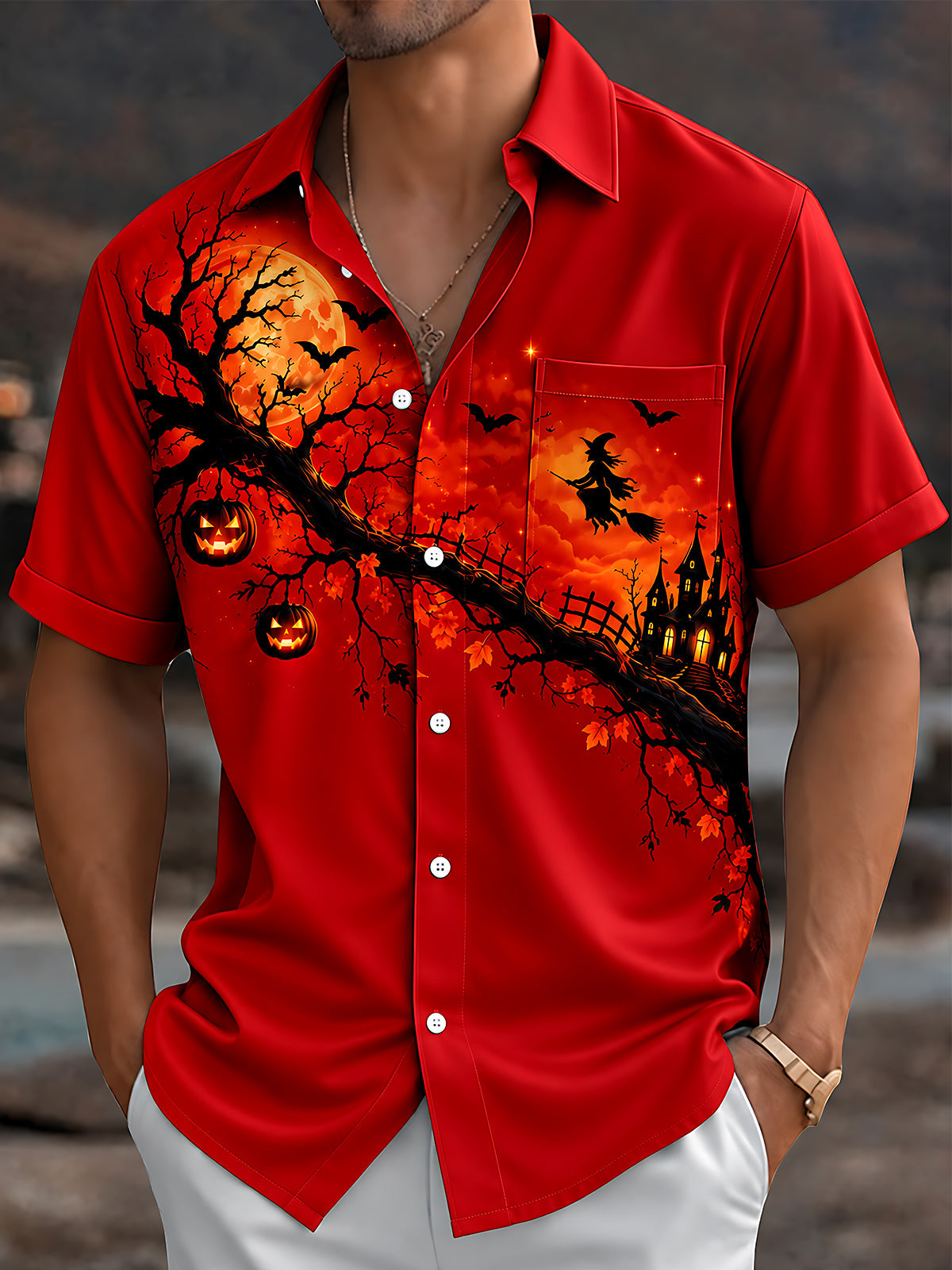 Adaychic Men's Graphic Halloween Witch And Pumpkins Print Short Sleeve Shirt with Chest Pocket