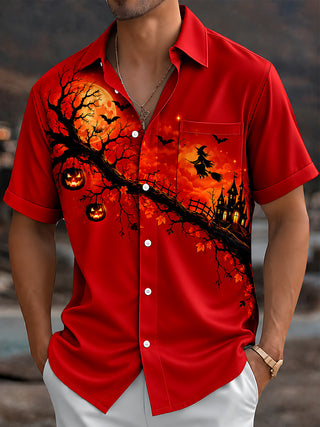 Adaychic Men's Graphic Halloween Witch And Pumpkins Print Short Sleeve Shirt with Chest Pocket