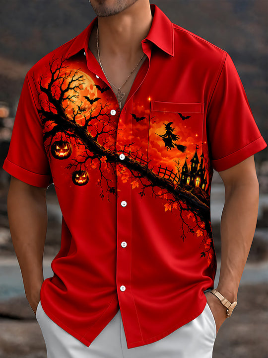 Adaychic Men's Graphic Halloween Witch And Pumpkins Print Short Sleeve Shirt with Chest Pocket