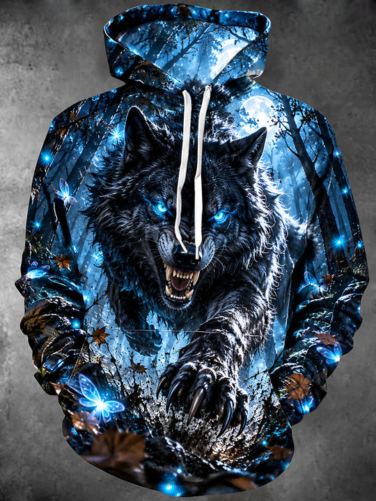 Adaychic Men's Long Sleeve Hoodie - Wolf In Forest With Moon And Butterflies Print