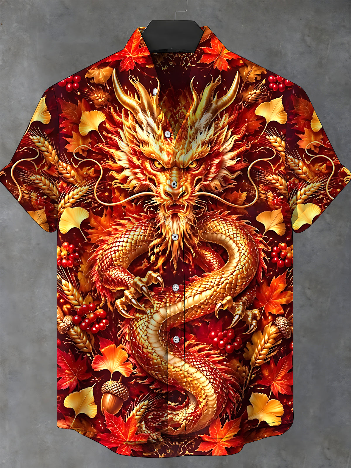 Adaychic Men's Short Sleeve Stand Collar Shirt - Autumn Dragon With Maple Leaves And Wheat Print with Chest Pocket