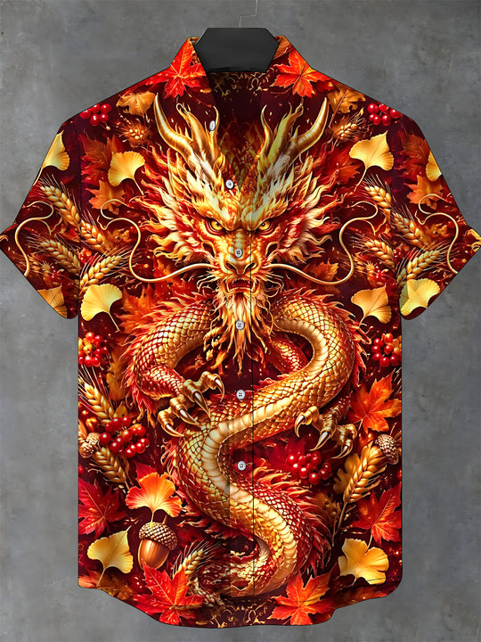 Adaychic Men's Short Sleeve Stand Collar Shirt - Autumn Dragon With Maple Leaves And Wheat Print with Chest Pocket