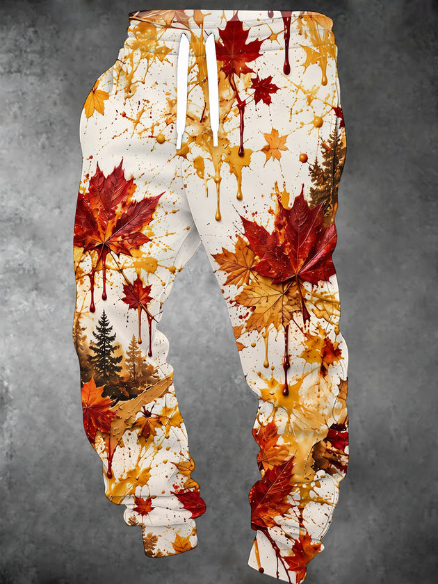 Adaychic Men's Maple Leaves And Pine Trees With Ink Splatter Print Pants