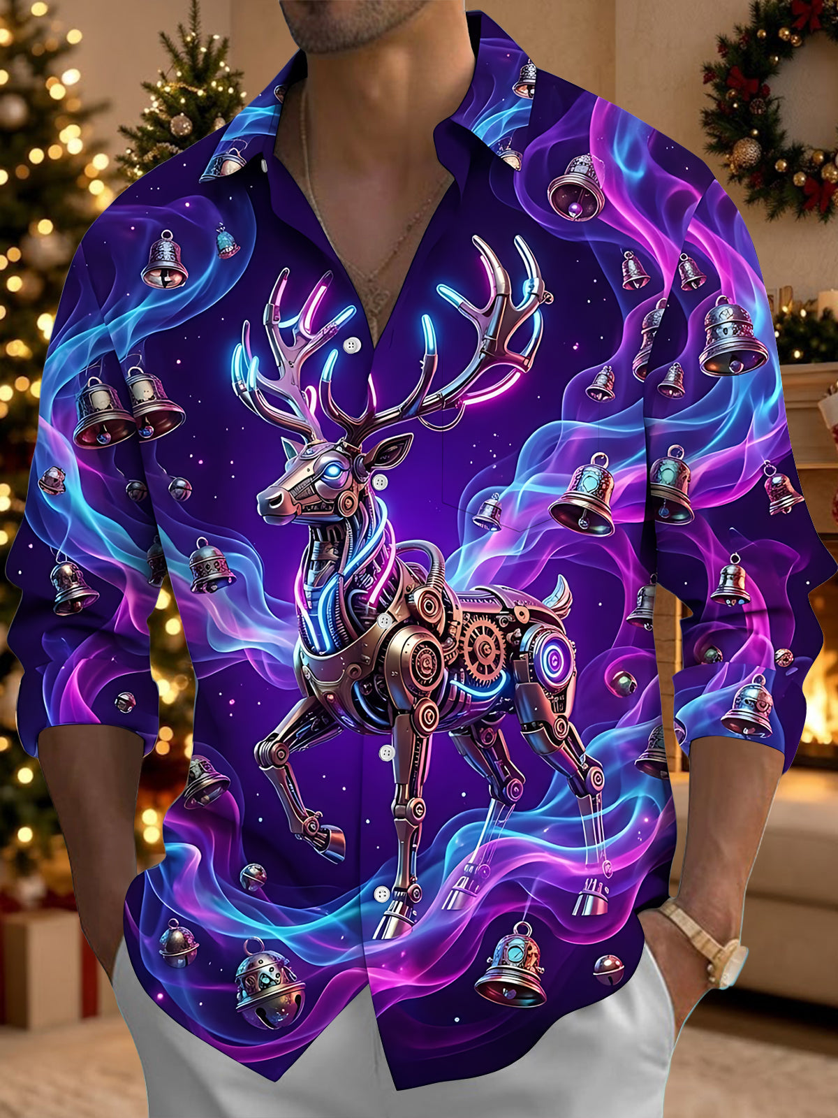 Adaychic Men's Long Sleeve Shirt - Cyberpunk Mechanical Reindeer And Christmas Bells Print with Chest Pocket