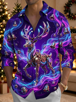 Adaychic Men's Long Sleeve Shirt - Cyberpunk Mechanical Reindeer And Christmas Bells Print with Chest Pocket