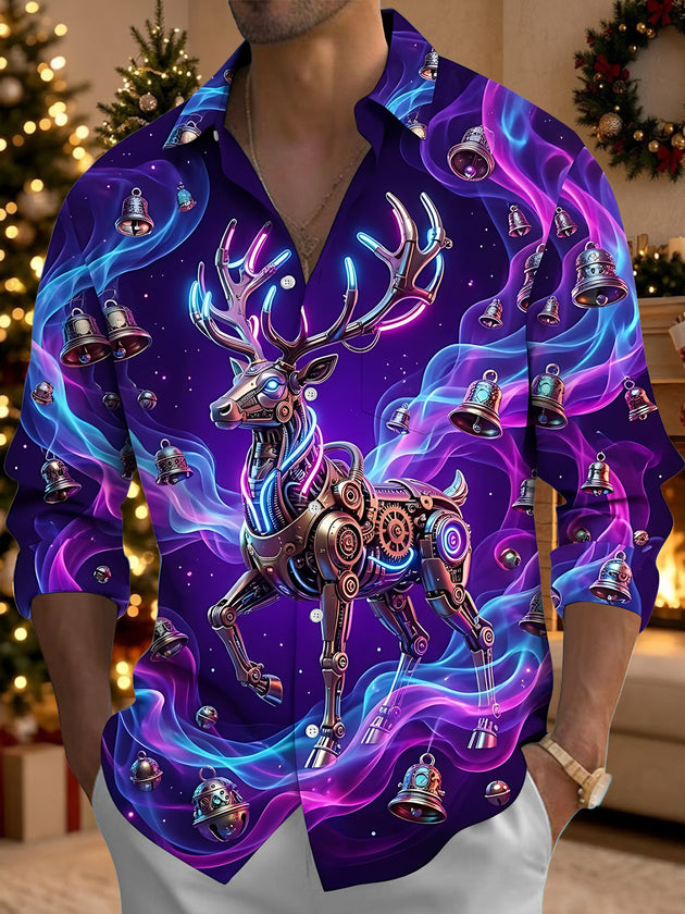 Adaychic Men's Long Sleeve Shirt - Cyberpunk Mechanical Reindeer And Christmas Bells Print with Chest Pocket