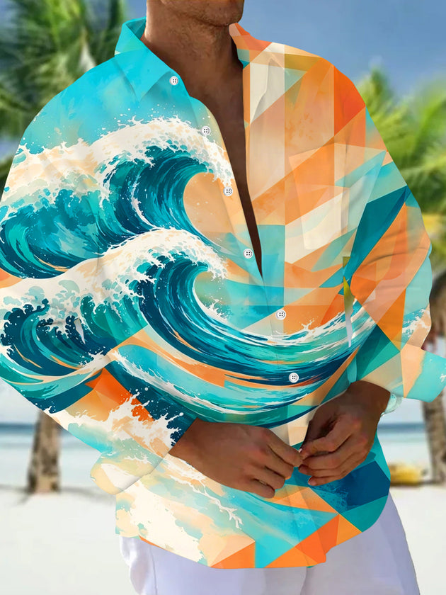 Adaychic Men's Hawaiian Geometric Watercolor Waves Print Long Sleeve Shirt with Chest Pocket