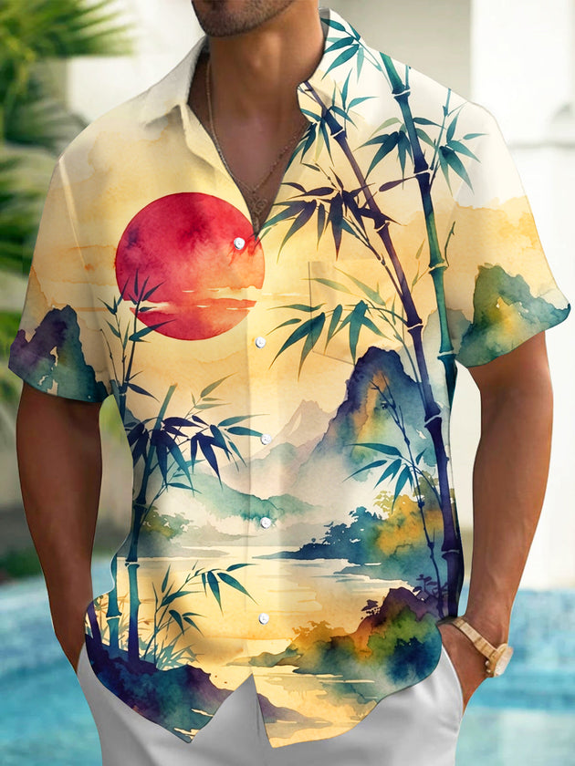 Adaychic Men's Hawaiian Bamboo Landscape With Red Sun Print Short Sleeve Shirt with Chest Pocket