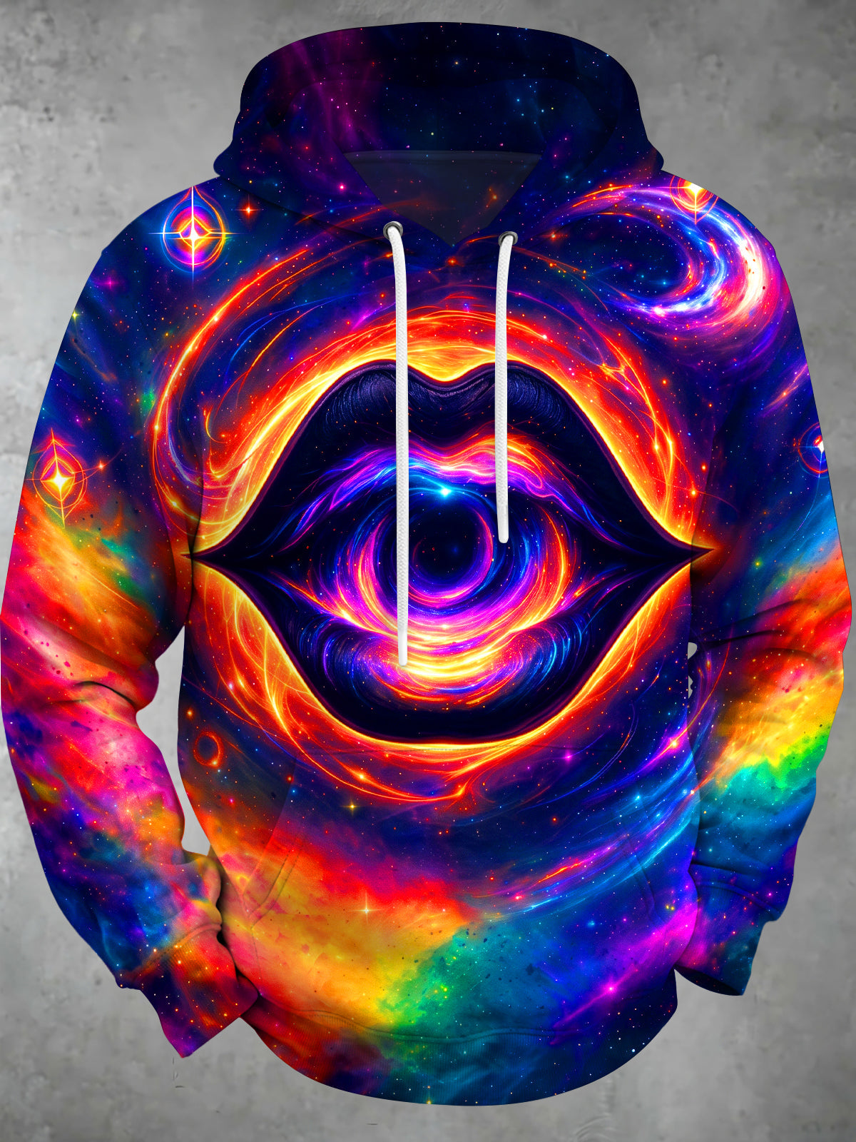 Adaychic Men's Long Sleeve Hoodie - Psychedelic Lips And Eye With Galaxy Swirls Print