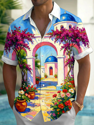 Adaychic Men's Short Sleeve Shirt - Mediterranean Scenery With Blue Domes And Bougainvillea Print with Chest Pocket