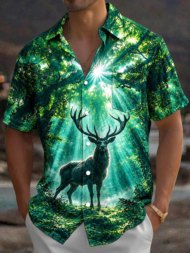 Adaychic Men's Hawaiian Deer In Forest With Sunbeams Print Short Sleeve Shirt with Chest Pocket