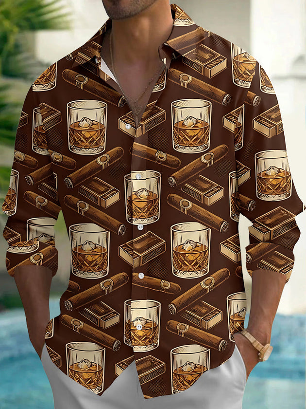Adaychic Men's Hawaiian Whiskey Glasses With Ice Cubes Print Long Sleeve Shirt with Chest Pocket