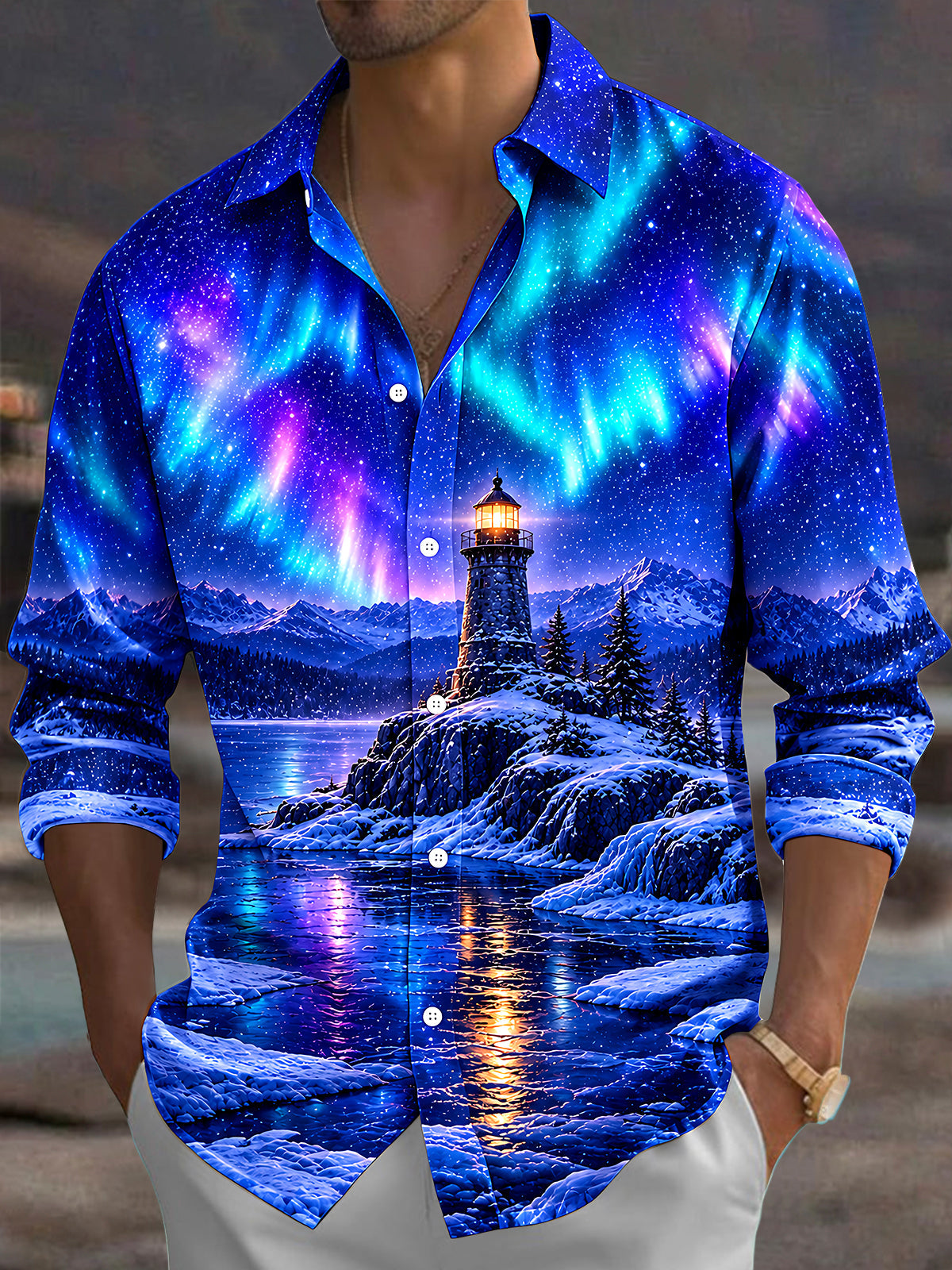 Adaychic Men's Printed Aurora Borealis And Lighthouse Print Long Sleeve Shirt with Chest Pocket