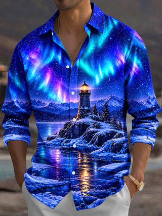 Adaychic Men's Printed Aurora Borealis And Lighthouse Print Long Sleeve Shirt with Chest Pocket