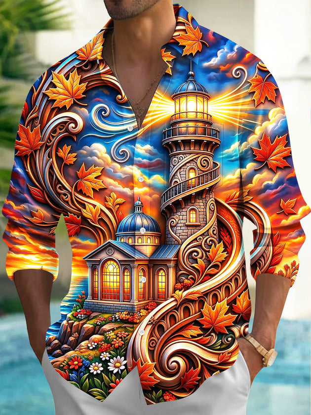 Adaychic Men's Hawaiian Lighthouse And Autumn Leaves Print Long Sleeve Shirt with Chest Pocket