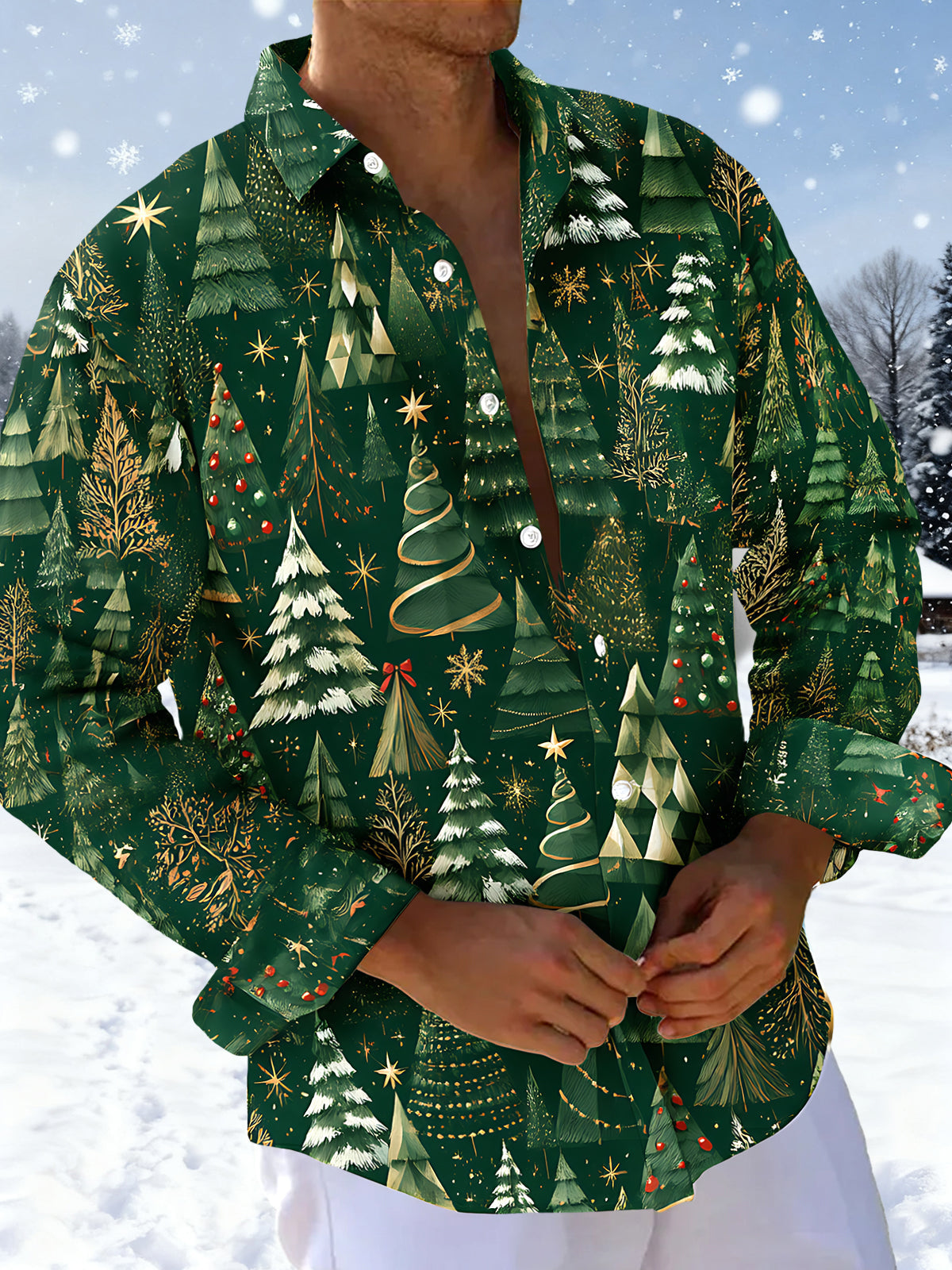 Adaychic Men's Printed Christmas Trees And Ornaments Print Long Sleeve Shirt with Chest Pocket