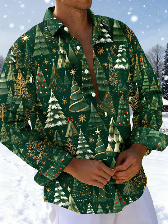 Adaychic Men's Printed Christmas Trees And Ornaments Print Long Sleeve Shirt with Chest Pocket