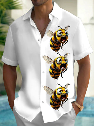 Adaychic Men's Hawaiian Crying Bee Print Short Sleeve Shirt with Chest Pocket