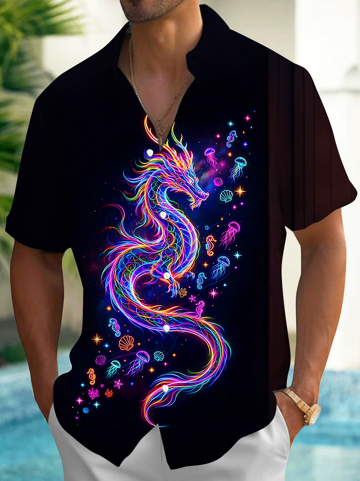 Adaychic Men's Graphic Neon Sea Dragon Print Short Sleeve Shirt with Chest Pocket