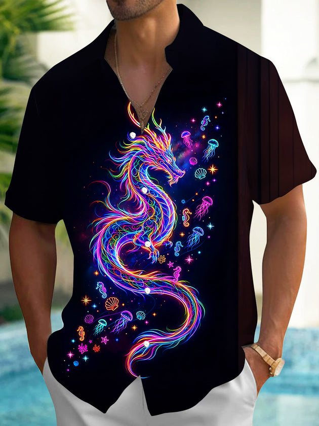 Adaychic Men's Graphic Neon Sea Dragon Print Short Sleeve Shirt with Chest Pocket