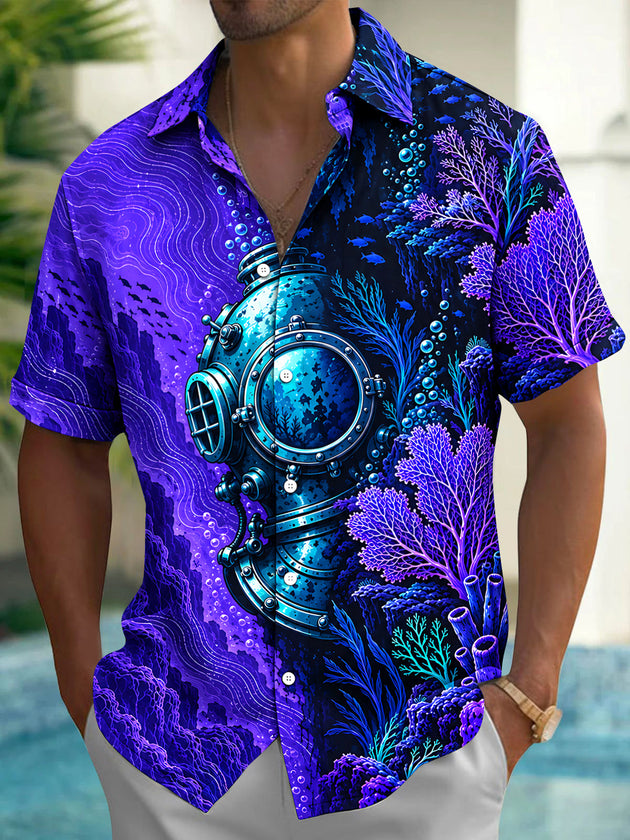 Adaychic Men's Short Sleeve Shirt - Vintage Diving Helmet And Underwater Coral Reef Print with Chest Pocket