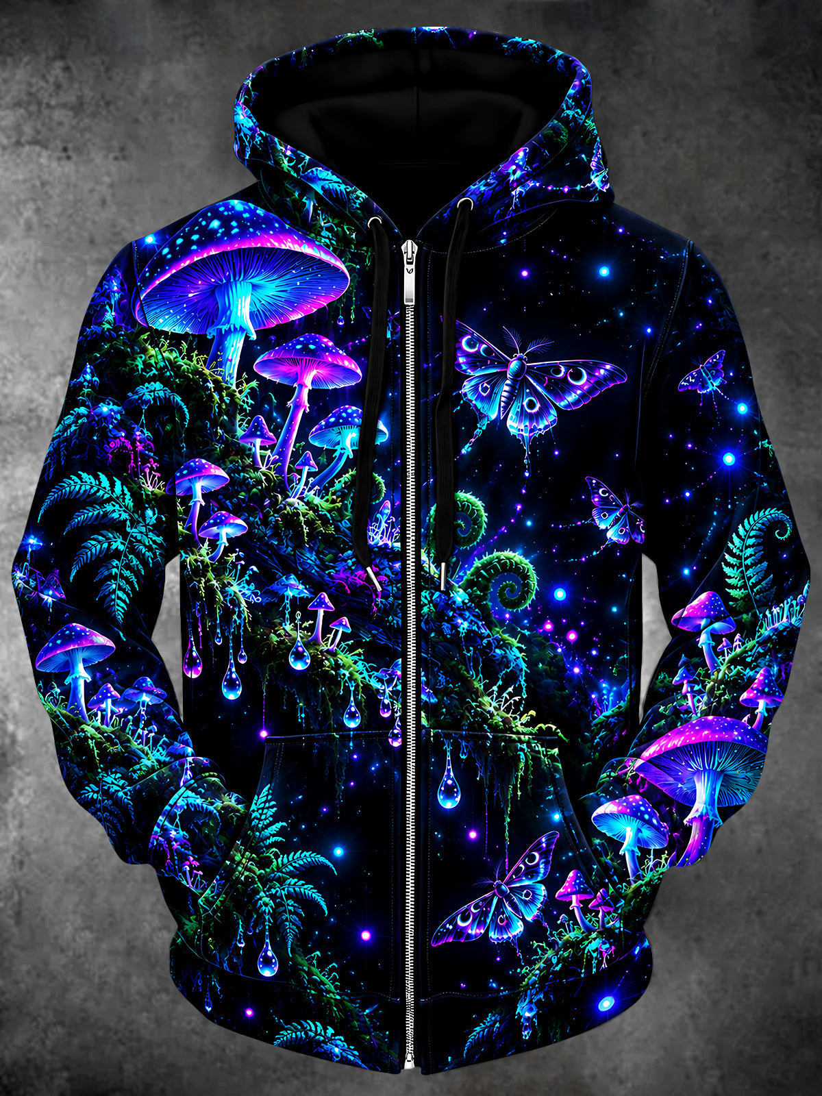 Adaychic Men's Neon Mushrooms And Moths Print Long Sleeve Zip-Up Hoodie with Kangaroo Pocket